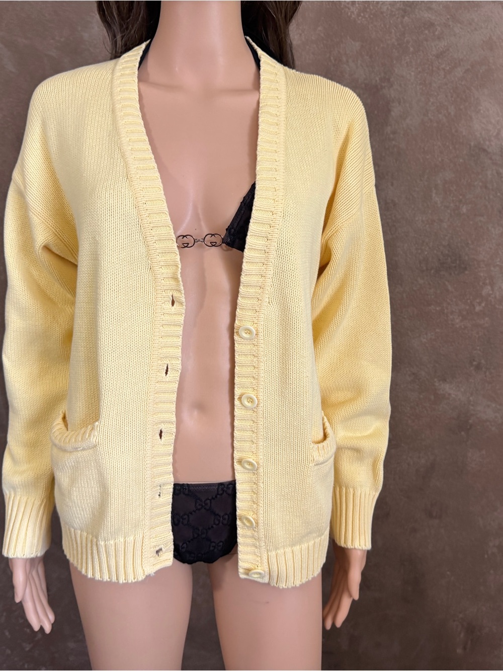 Designer Butter Pale Yellow Cotton Button-Up Womens Cardigan Coverup Chunky Knit